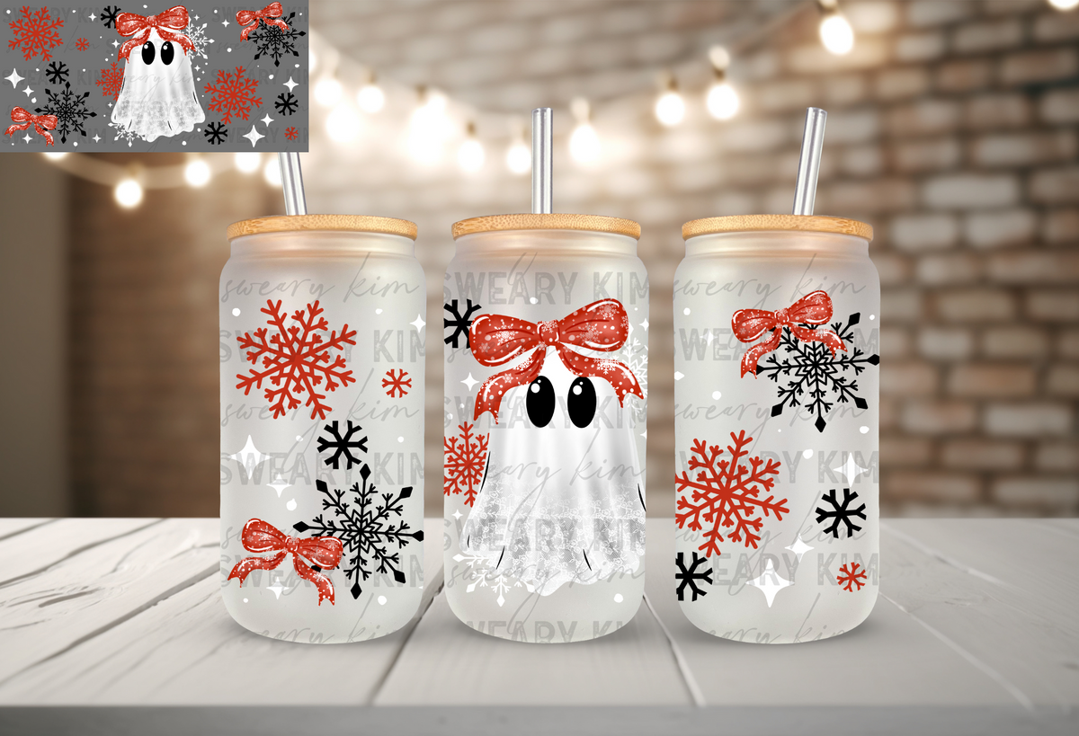 Girly Lacey Christmas Ghost UV Dtf 16oz glass can wrap