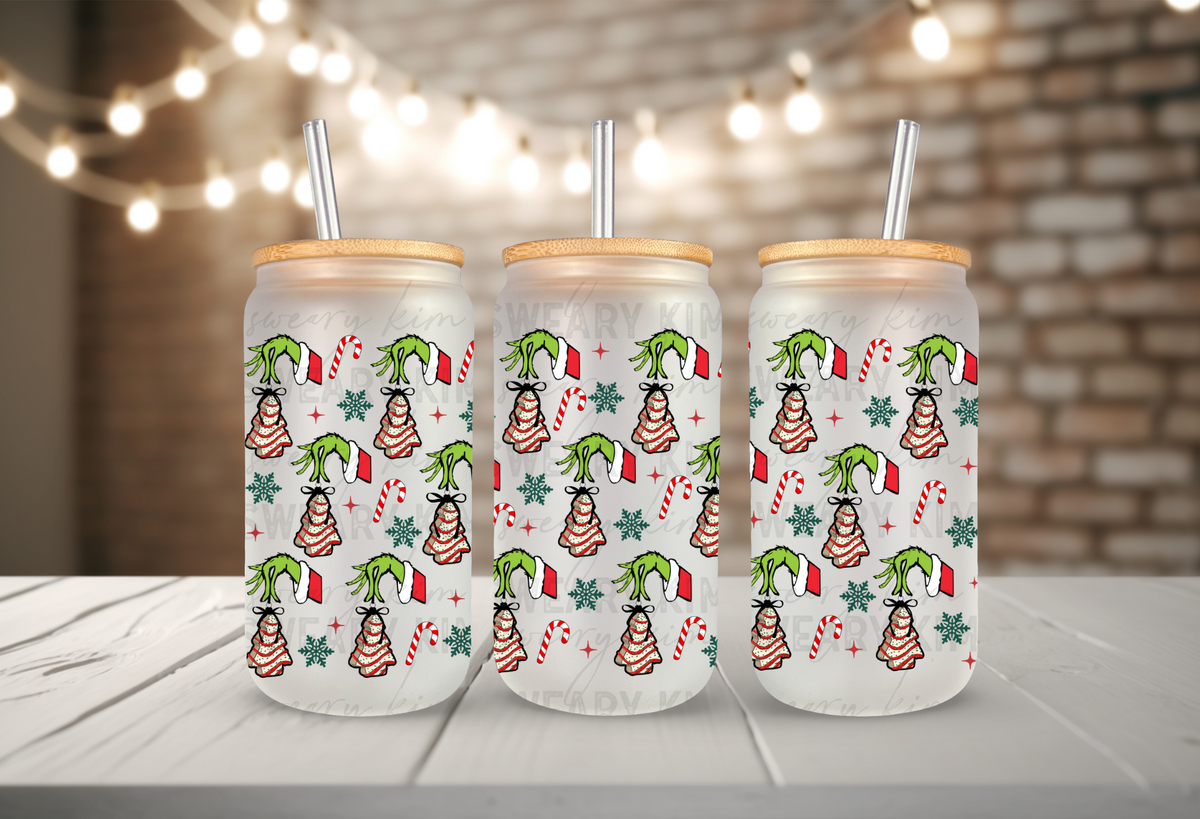 Green Man Tree Cakes UV Dtf 16oz glass can wrap
