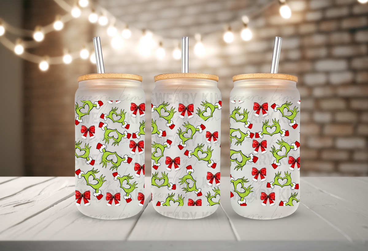 Green Man Hand Hearts UV Dtf 16oz glass can wrap