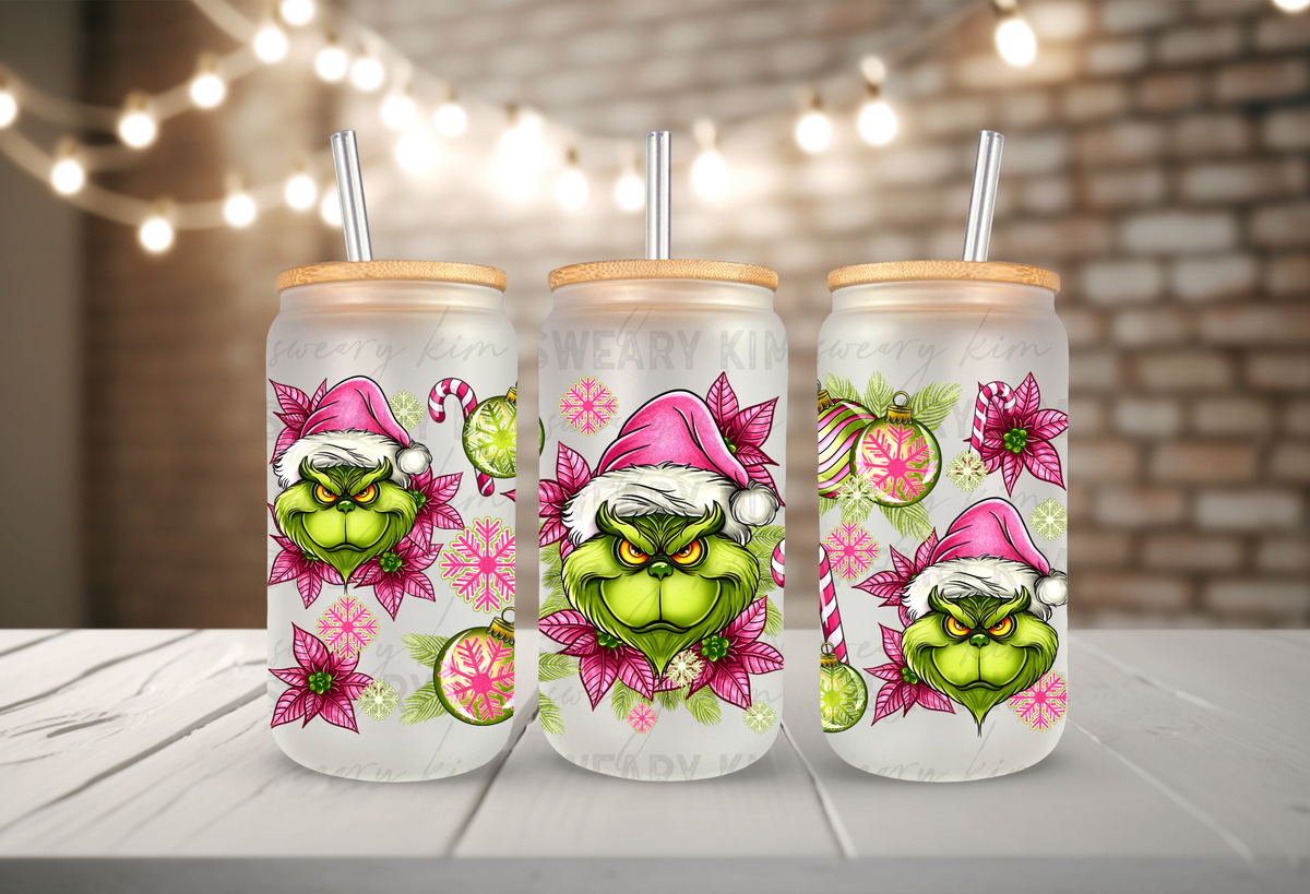 Green Man Poinsettias UV Dtf 16oz glass can wrap