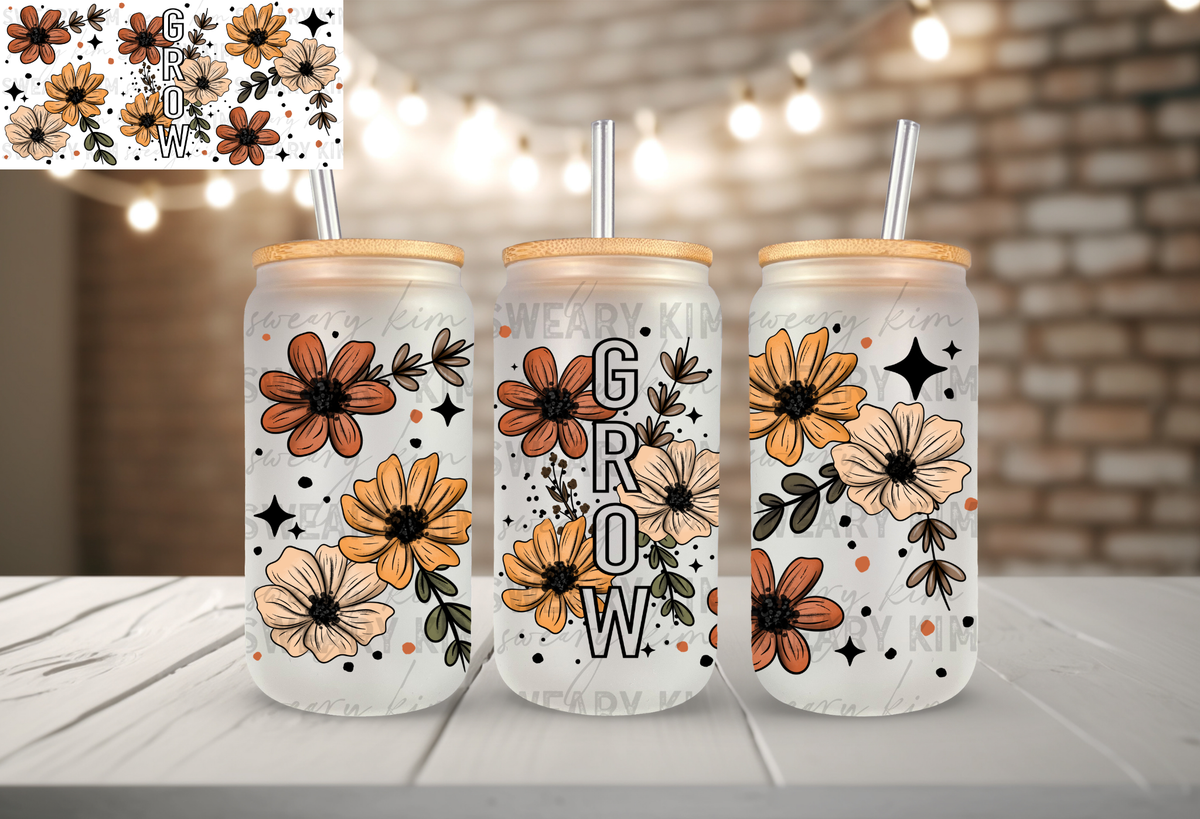 Grow Brown & Tan Flower Sketches UV Dtf 16oz glass can wrap