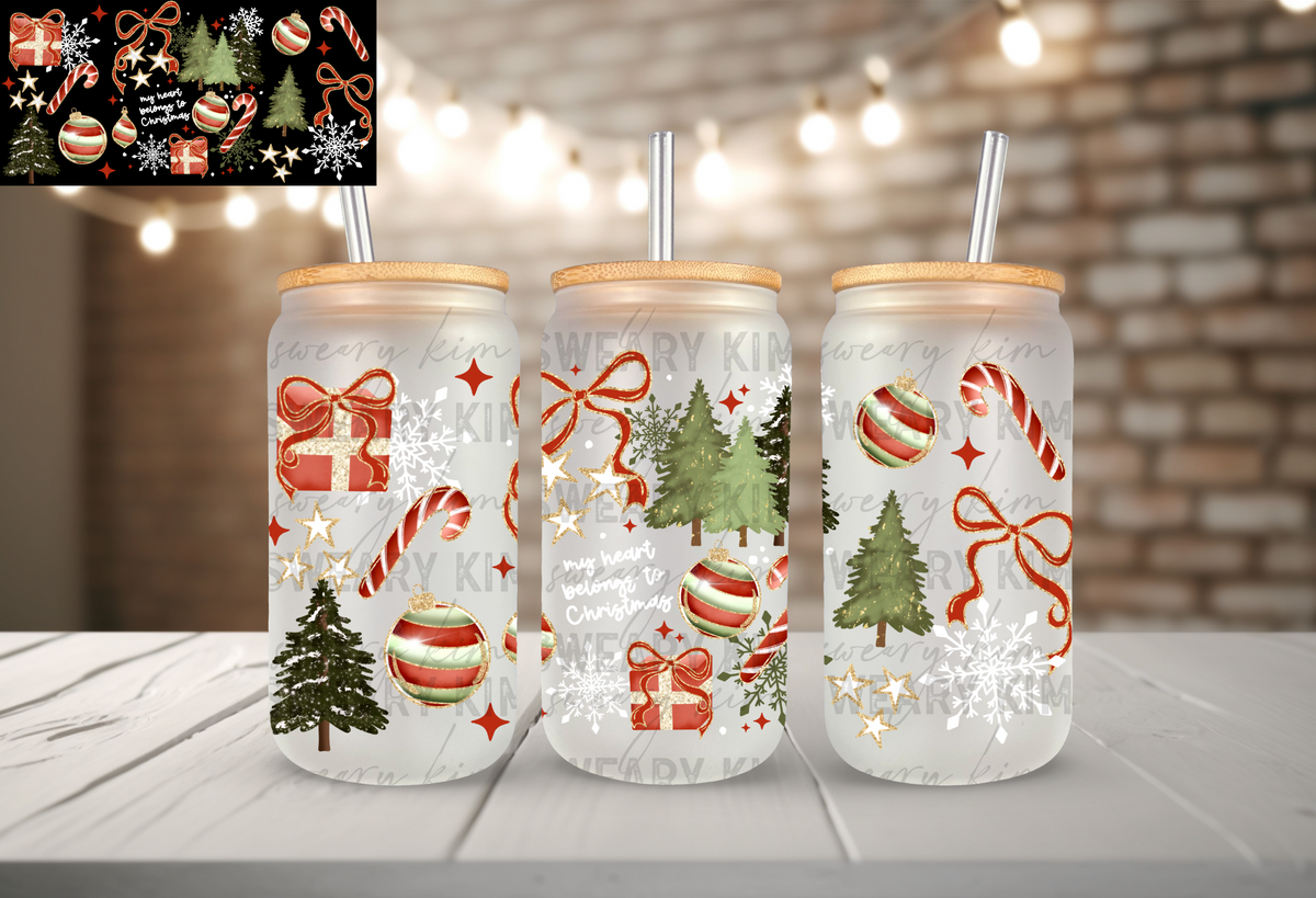 Heart Belongs To Christmas UV Dtf 16oz glass can wrap