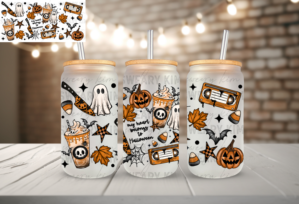Heart Belongs To Halloween UV Dtf 16oz glass can wrap
