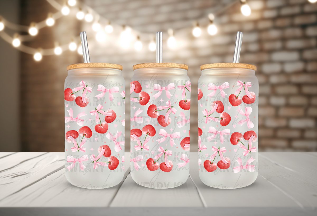 Heart Cherries & Bows UV Dtf 16oz glass can wrap