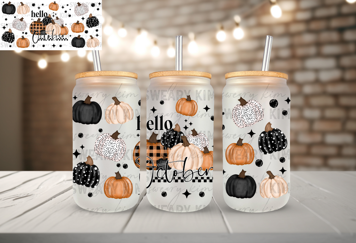 Hello October UV Dtf 16oz glass can wrap