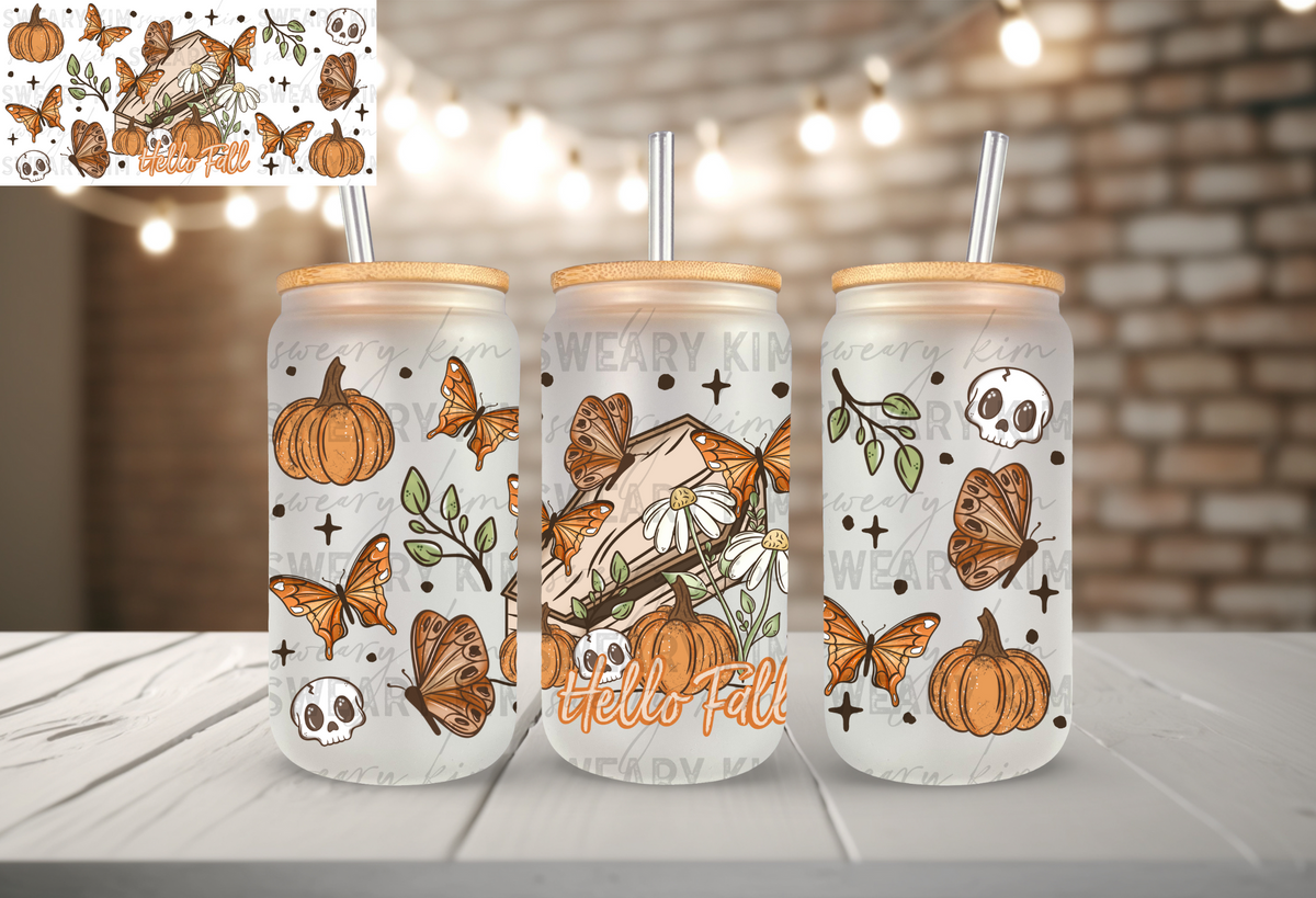 Hello Fall Coffin UV Dtf 16oz glass can wrap