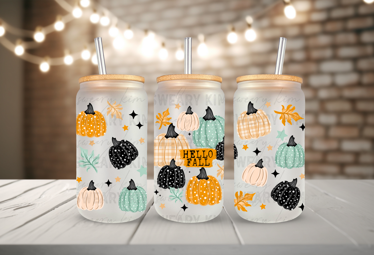 Hello Fall Patterned Pumpkins UV Dtf 16oz glass can wrap