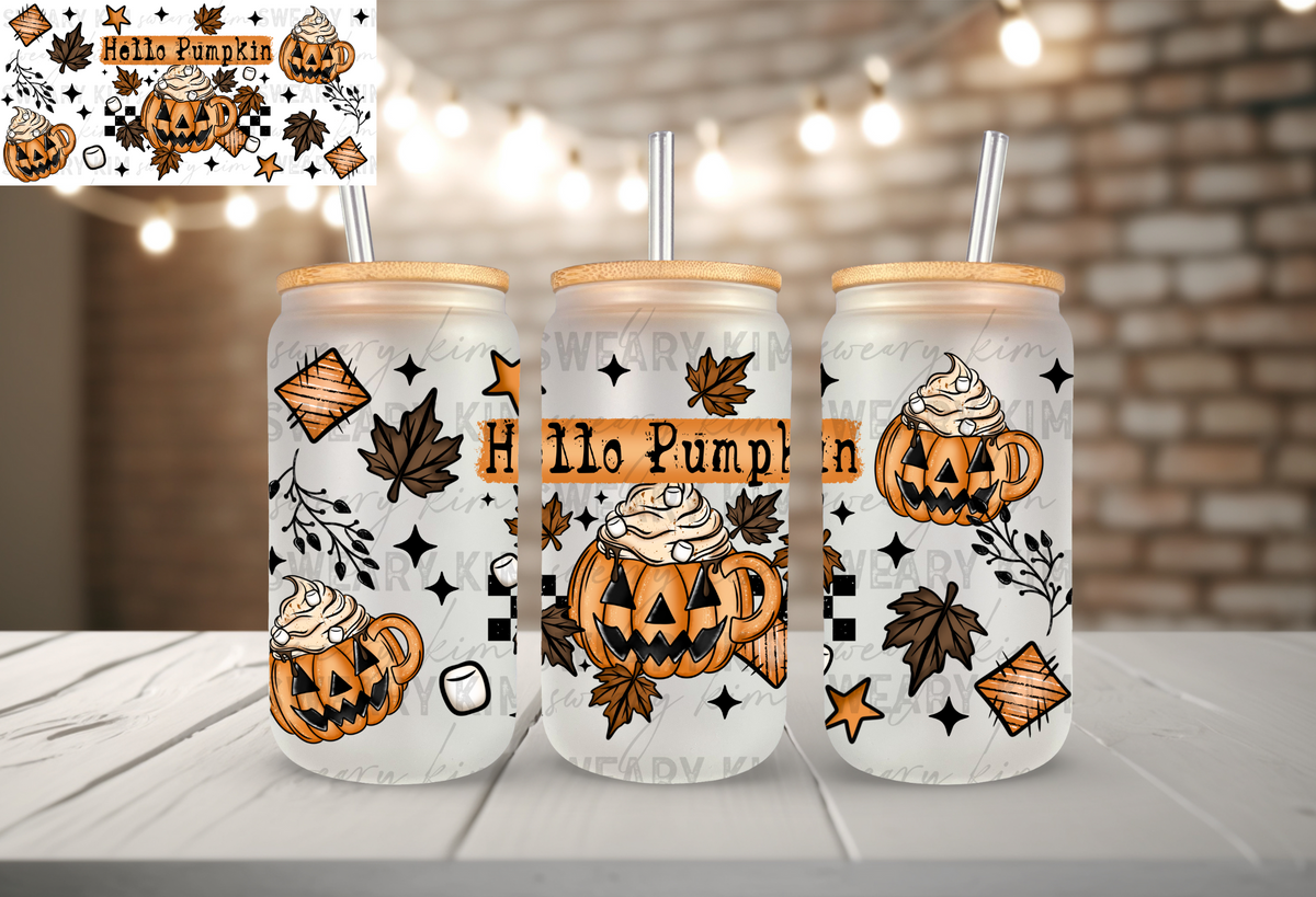 Hello Pumpkin Mug UV Dtf 16oz glass can wrap