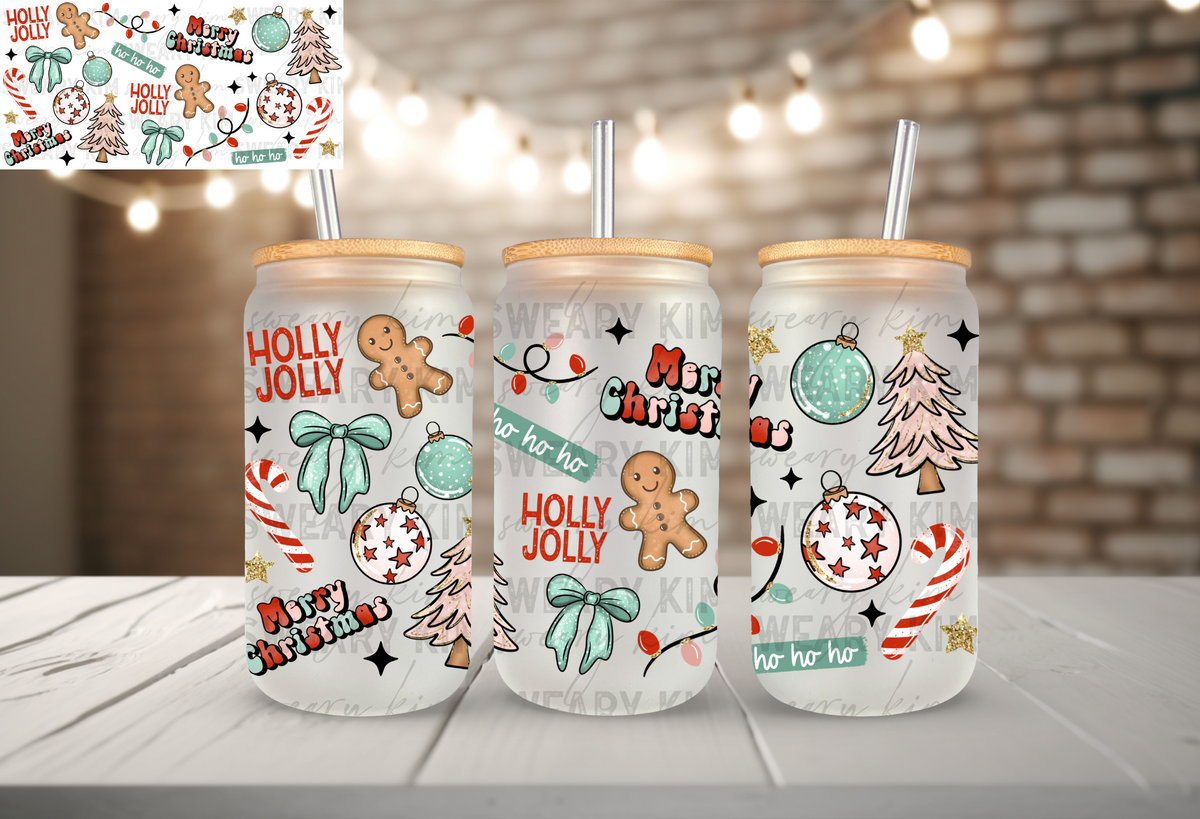 Pastel Merry Christmas Ornaments UV Dtf 16oz glass can wrap