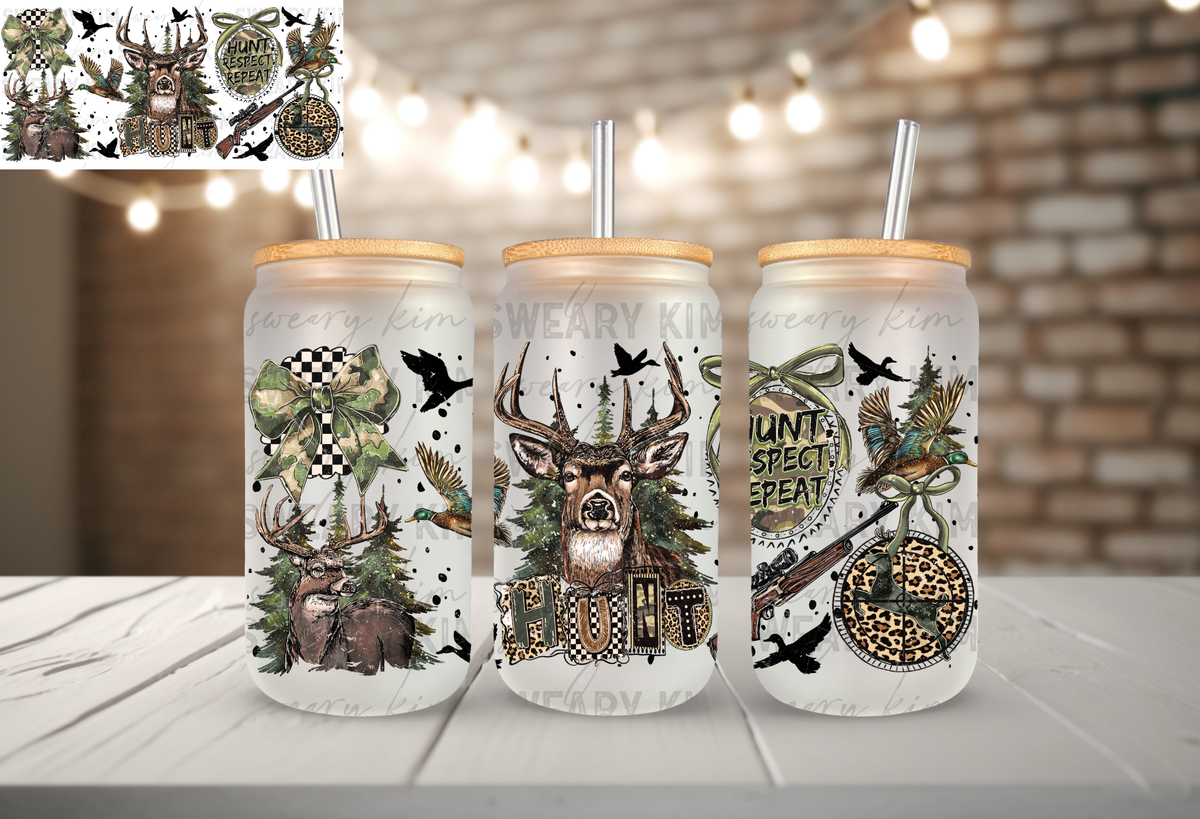 Hunt Respect Repeat UV Dtf 16oz glass can wrap