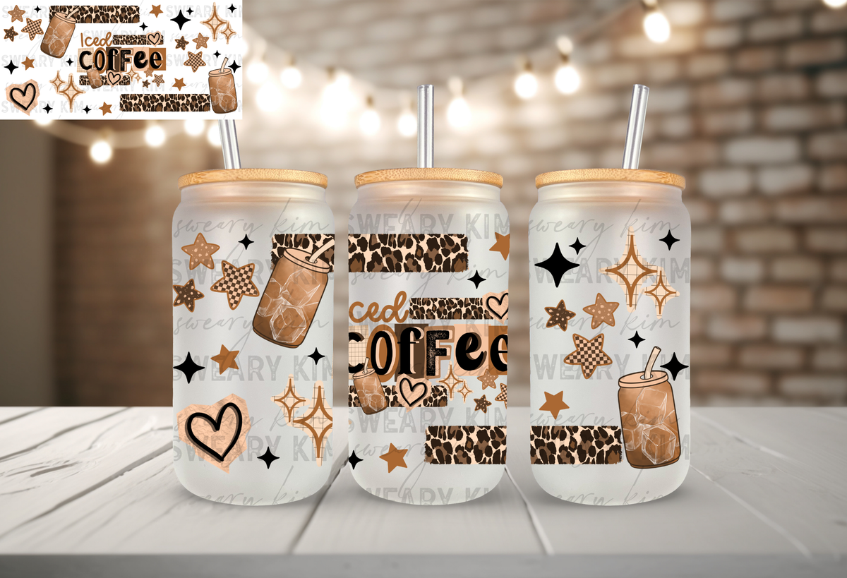 Iced Coffee Leopard UV Dtf 16oz glass can wrap