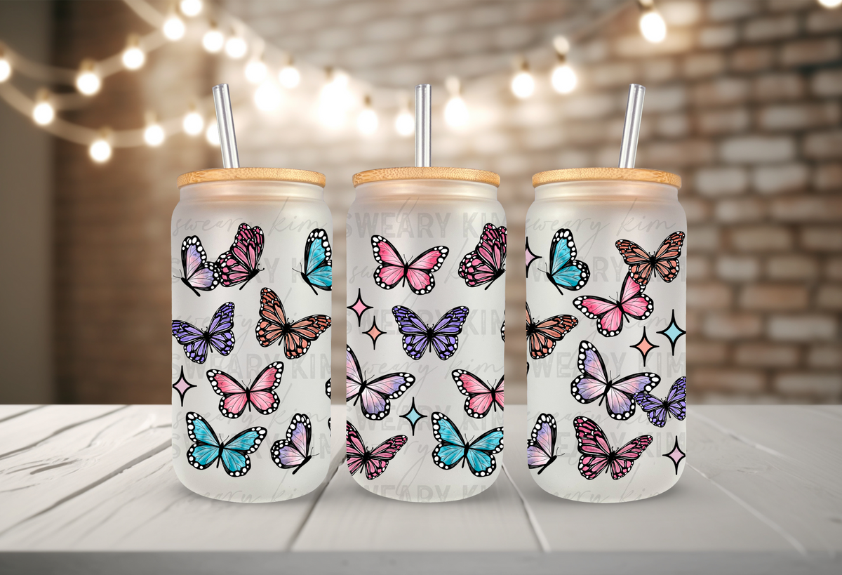 Jewel Toned Butterflies UV Dtf 16oz glass can wrap