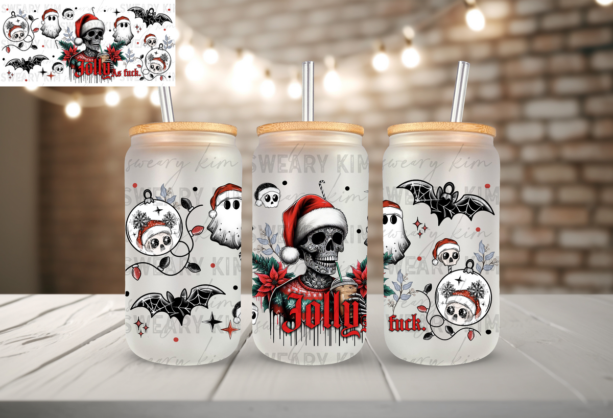 Jolly As Fuck Skellie UV Dtf 16oz glass can wrap