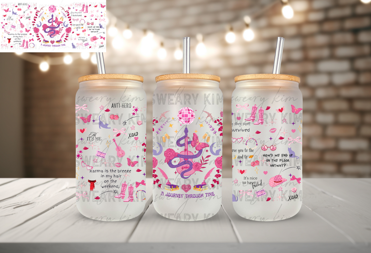Journey Through Time UV Dtf 16oz glass can wrap