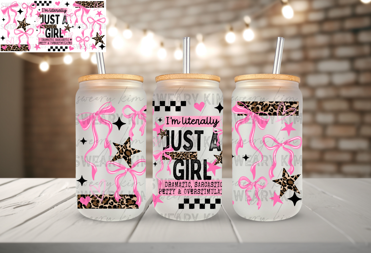 Just A Girl Leopard & Pink Bows UV Dtf 16oz glass can wrap
