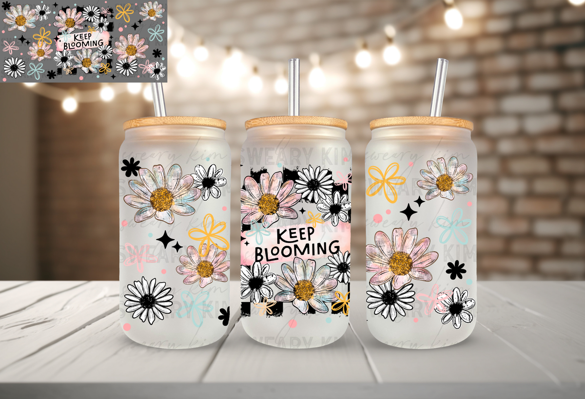 Keep Blooming Flower Sketches UV Dtf 16oz glass can wrap