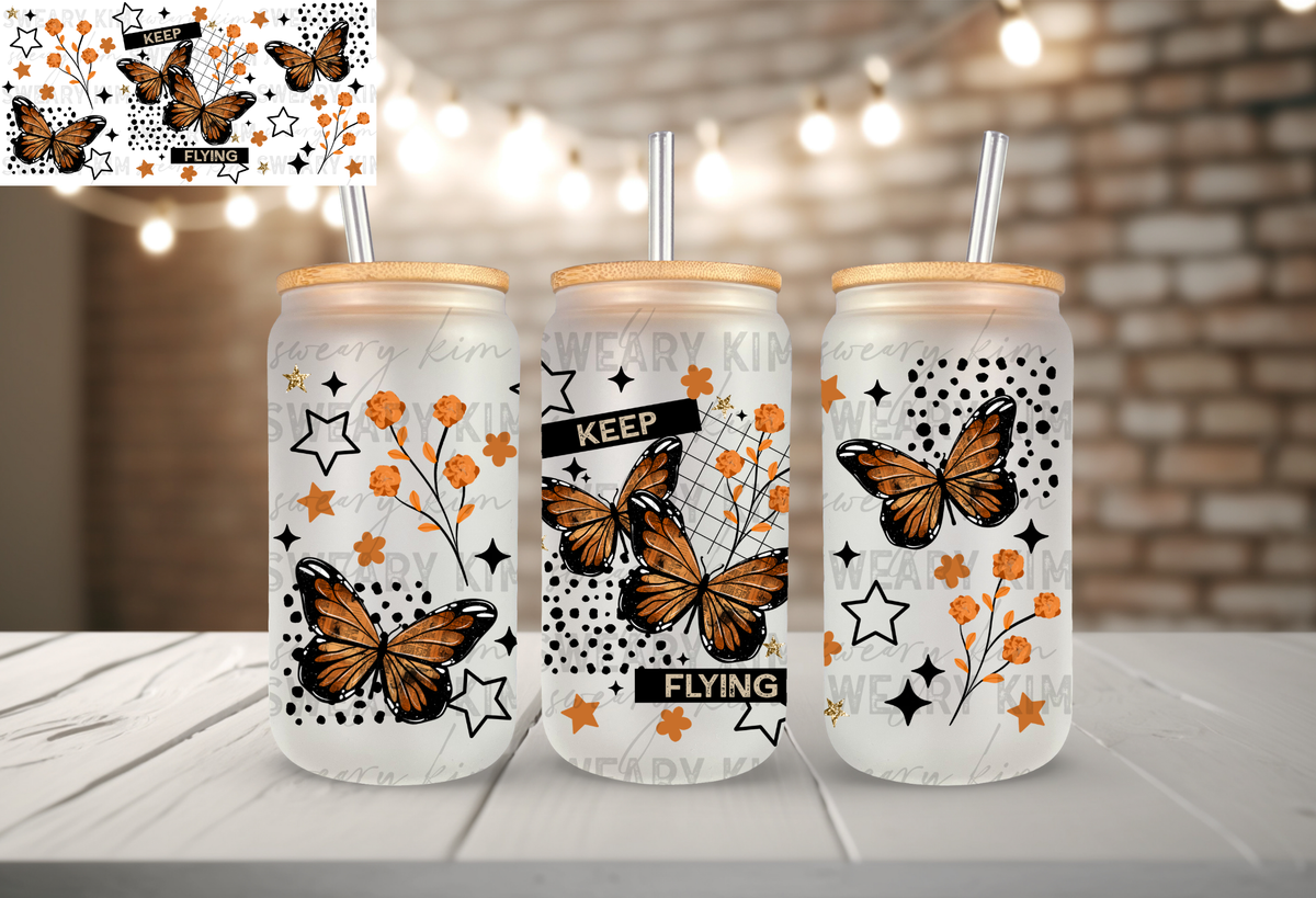 Keep Flying Trad Butterflies UV Dtf 16oz glass can wrap