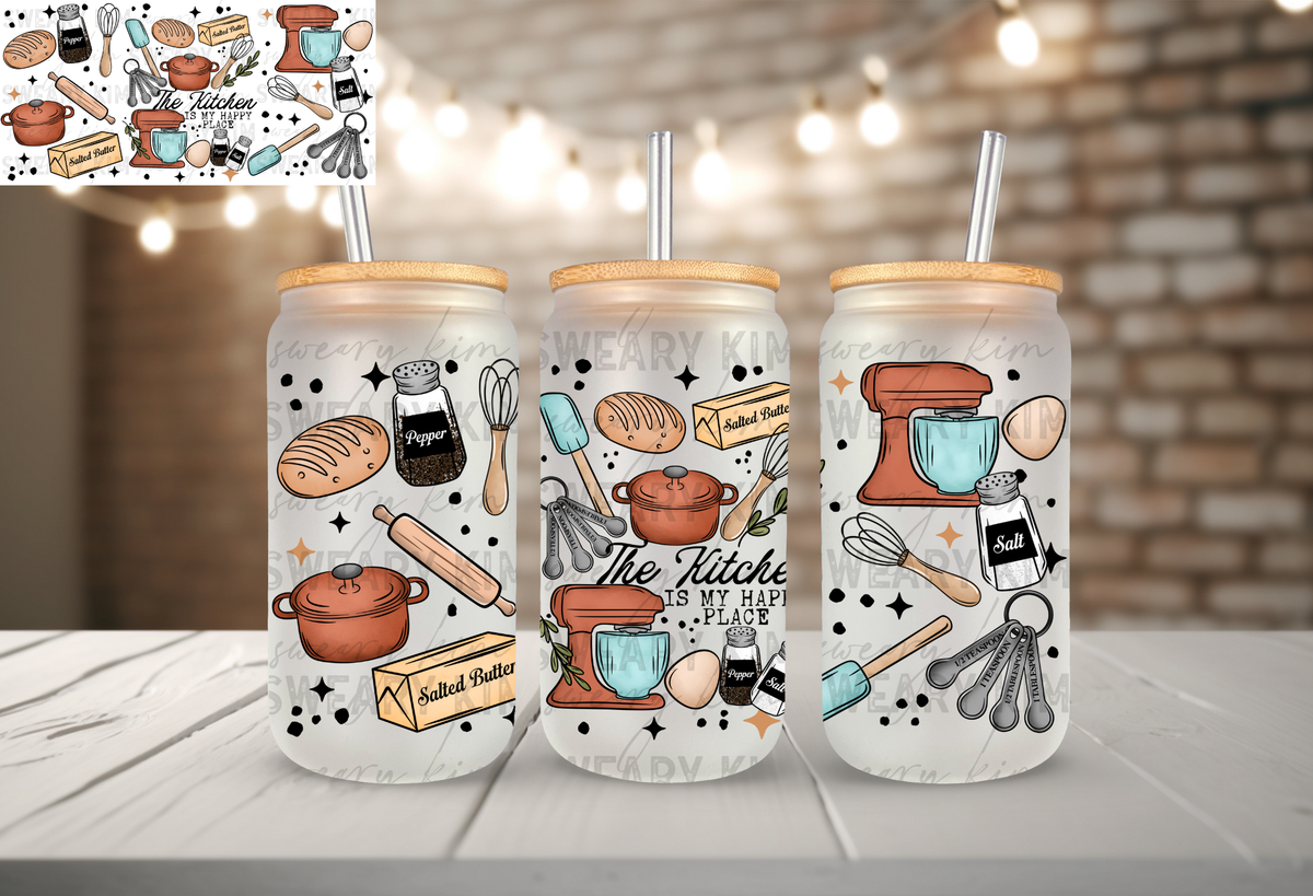 Kitchen Is My Happy Place UV Dtf 16oz glass can wrap