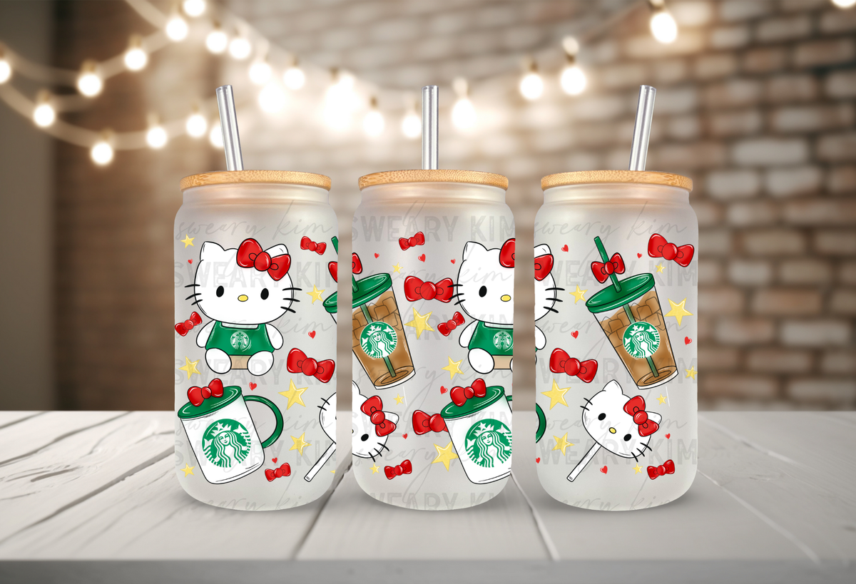 Kitty Coffee UV Dtf 16oz glass can wrap