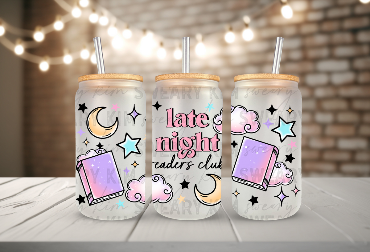 Exclusive Pastel Late Night Readers Club UV Dtf 16oz glass can wrap