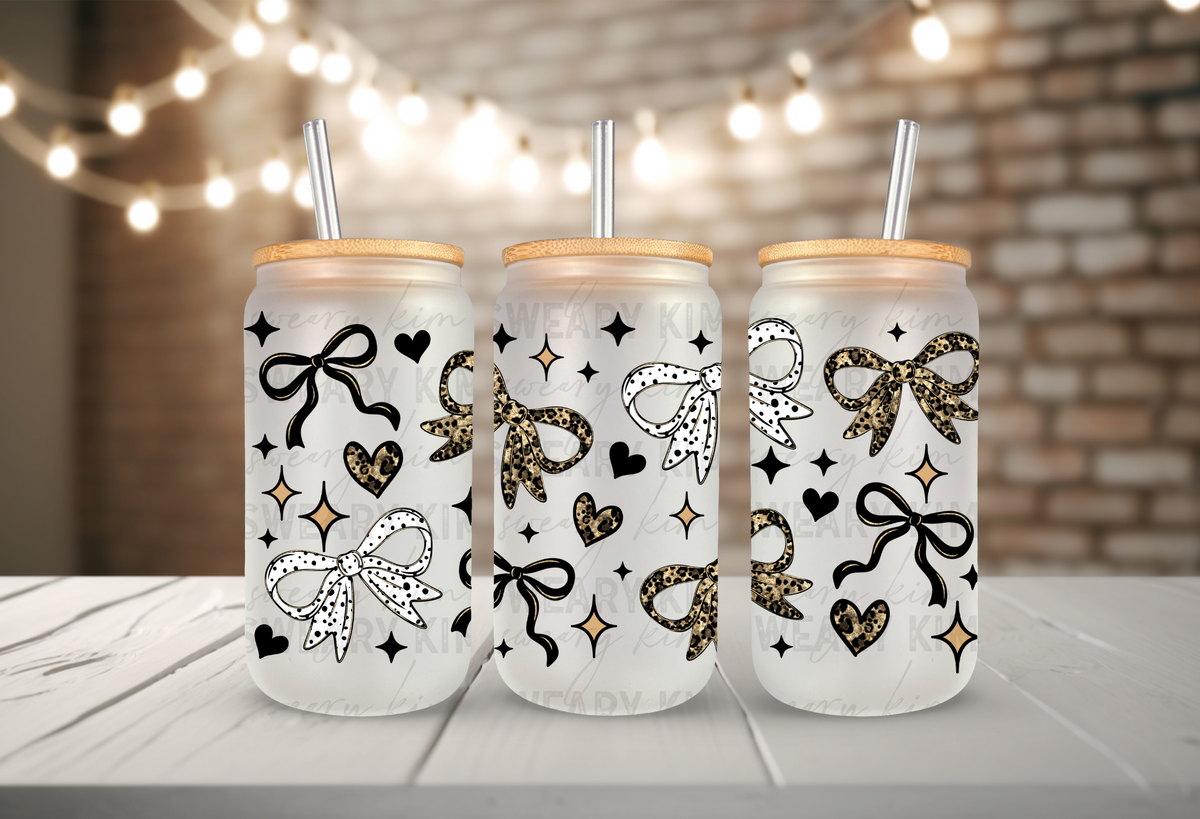 Leopard & Dotted Bows UV Dtf 16oz glass can wrap