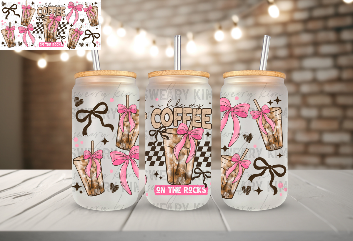 Coffee On The Rocks Pink Bows UV Dtf 16oz glass can wrap