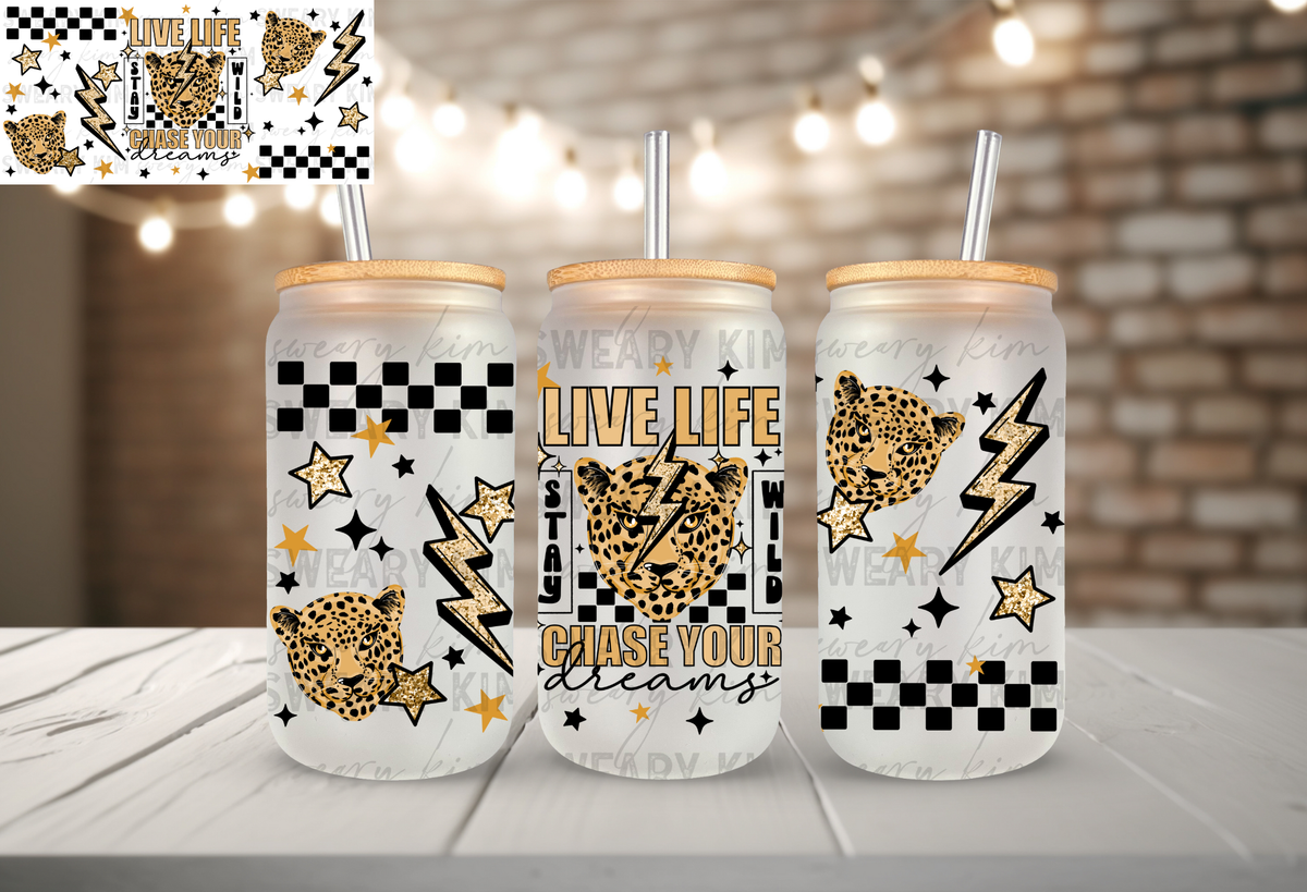 Chase Your Dreams Leopard UV Dtf 16oz glass can wrap