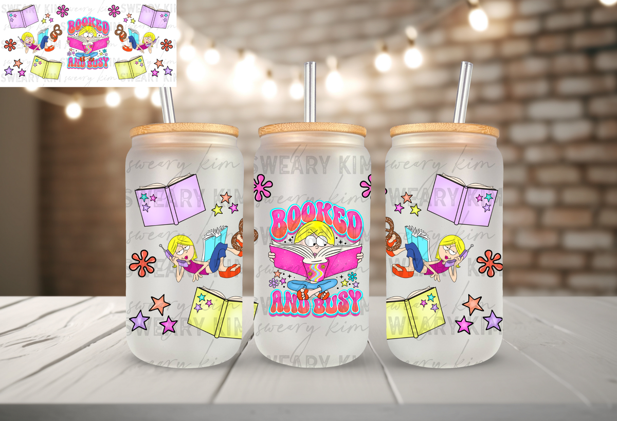 Booked & Busy Liz UV Dtf 16oz glass can wrap