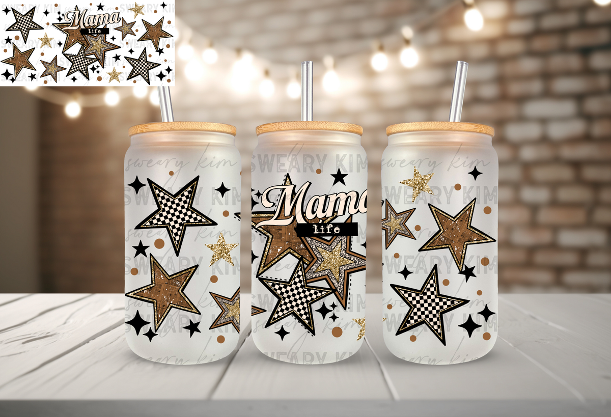 Mama Life Patterned Stars UV Dtf 16oz glass can wrap