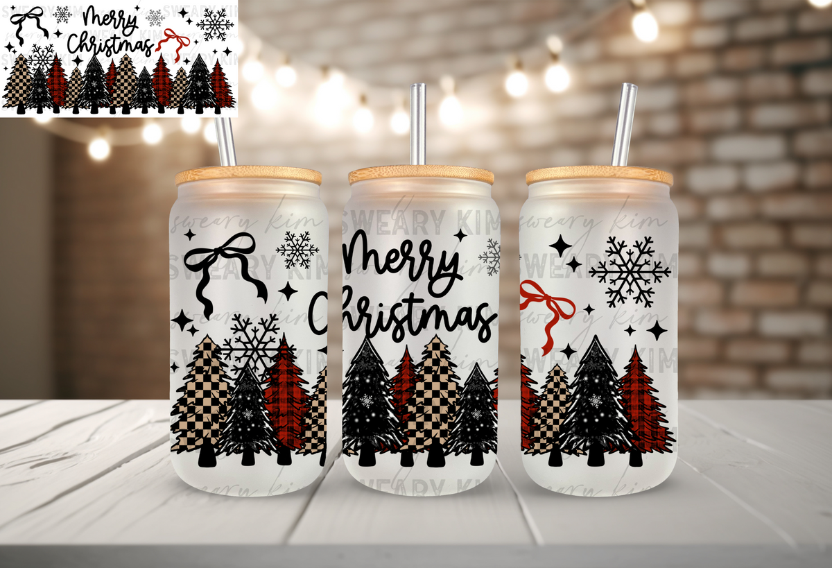 Merry Christmas Patterned Trees UV Dtf 16oz glass can wrap