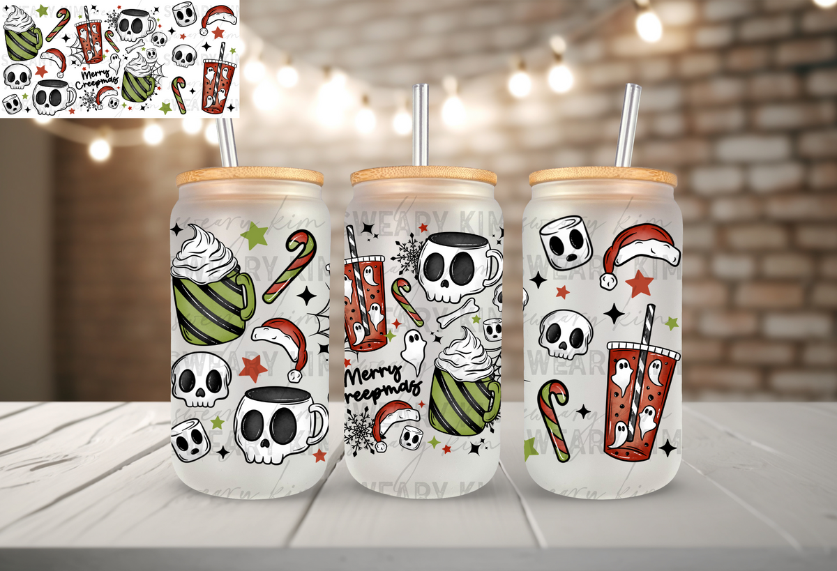 Merry Creepmas UV Dtf 16oz glass can wrap