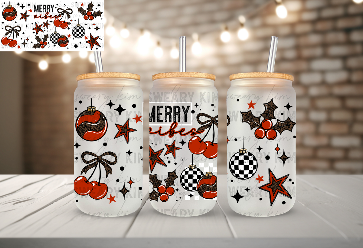 Merry Vibes UV Dtf 16oz glass can wrap