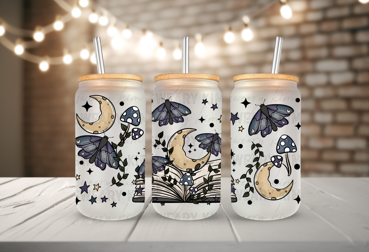 Celestial Book & Moths UV Dtf 16oz glass can wrap