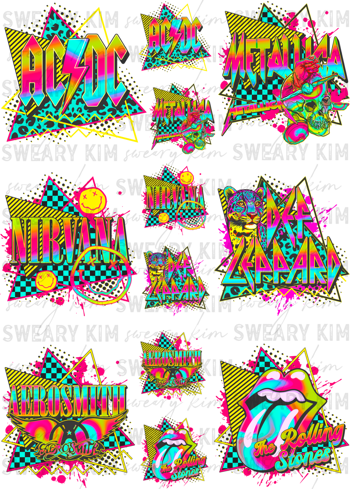 Retro Neon Rock Bands UV Dtf Element Sheet