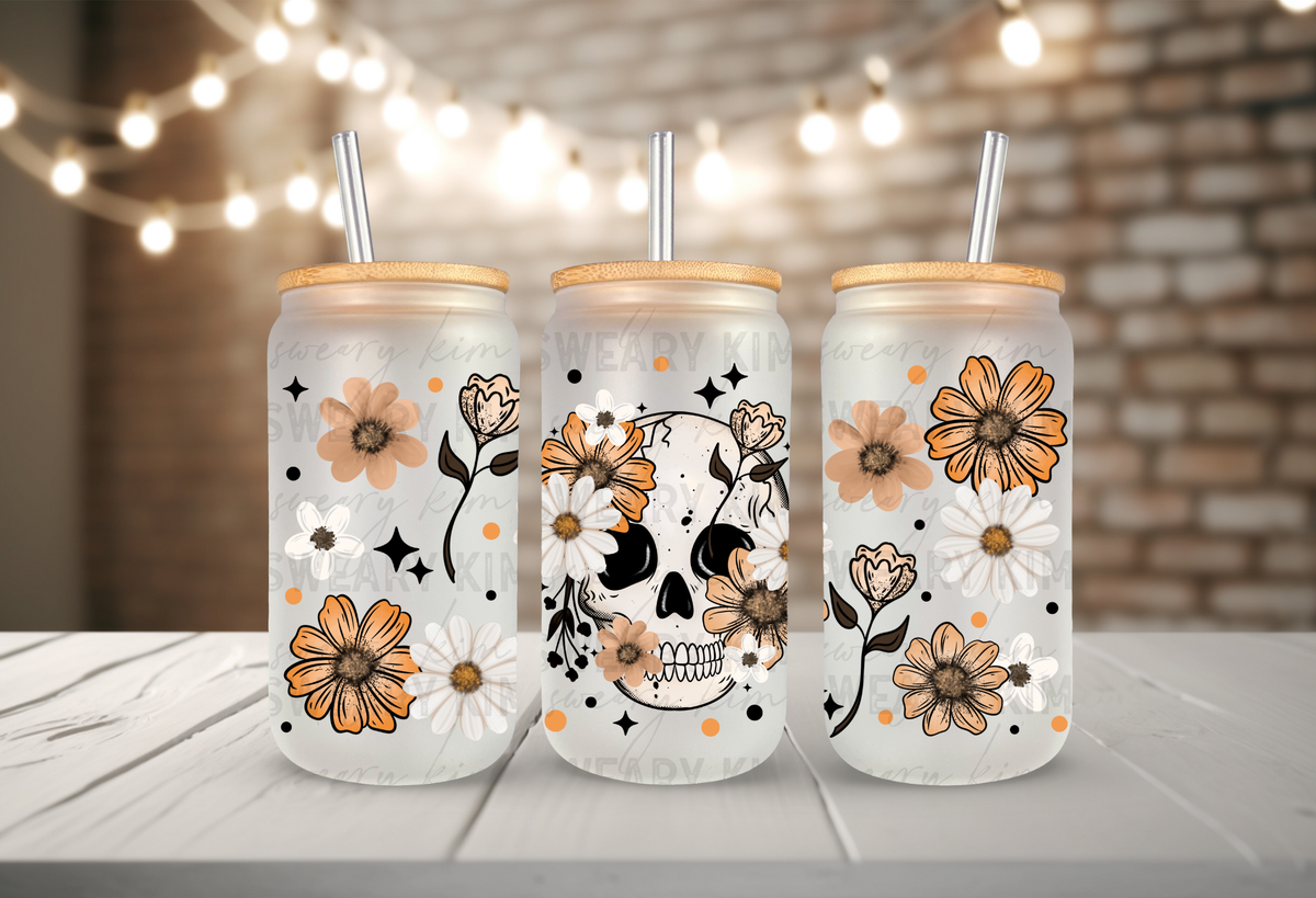 Orange & Tan Floral Skull UV Dtf 16oz glass can wrap