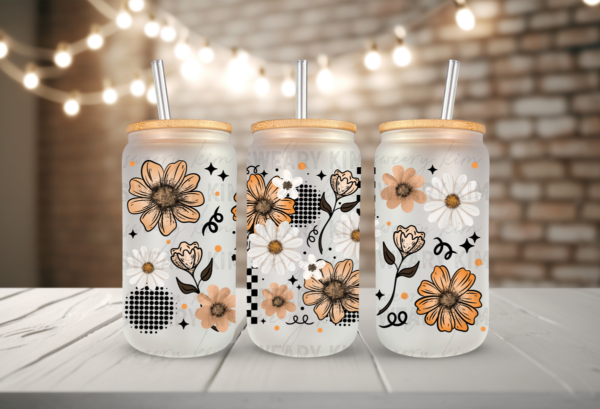 Orange & Tan Florals UV Dtf 16oz glass can wrap
