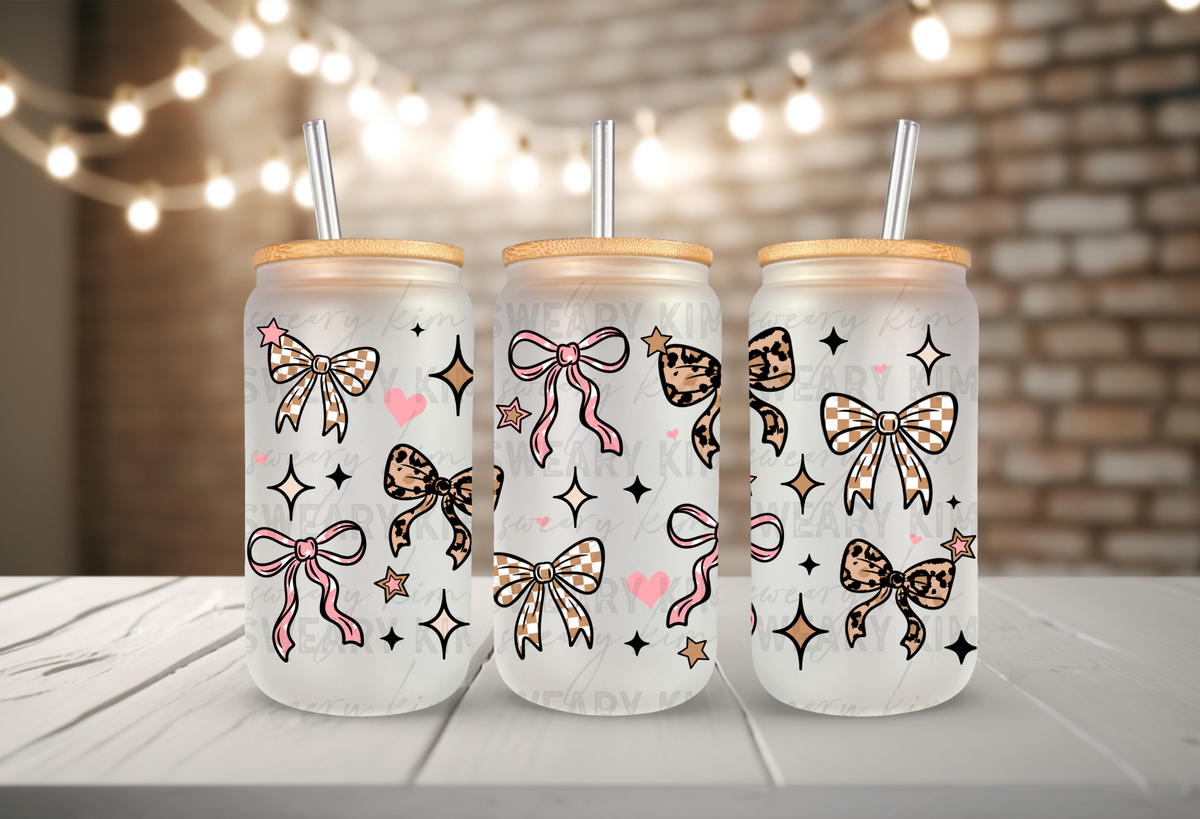 Checkered & Leopard Bows UV Dtf 16oz glass can wrap