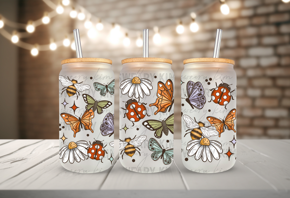 Butterflies, Bee's, & Ladybugs UV Dtf 16oz glass can wrap
