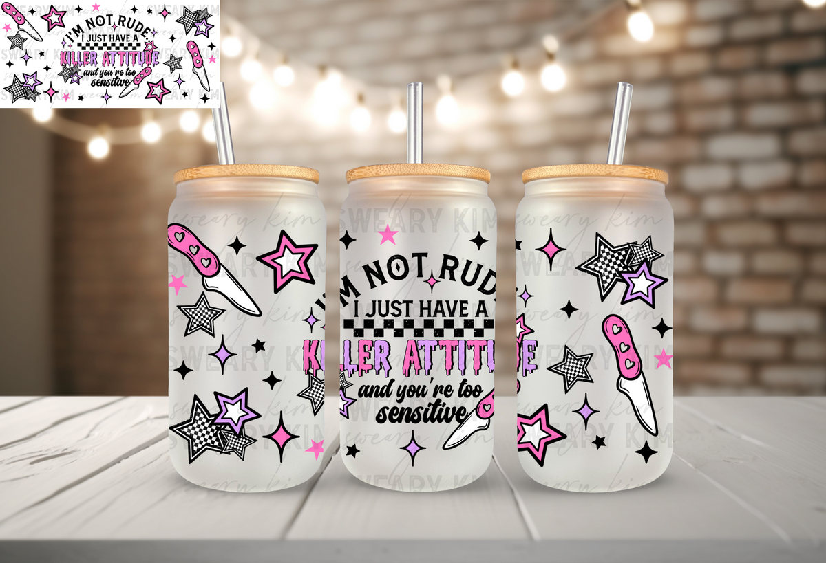 Killer Attitude UV Dtf 16oz glass can wrap