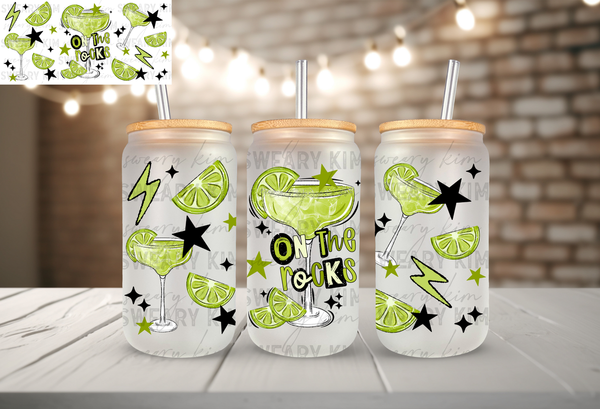 Marg On The Rocks UV Dtf 16oz glass can wrap