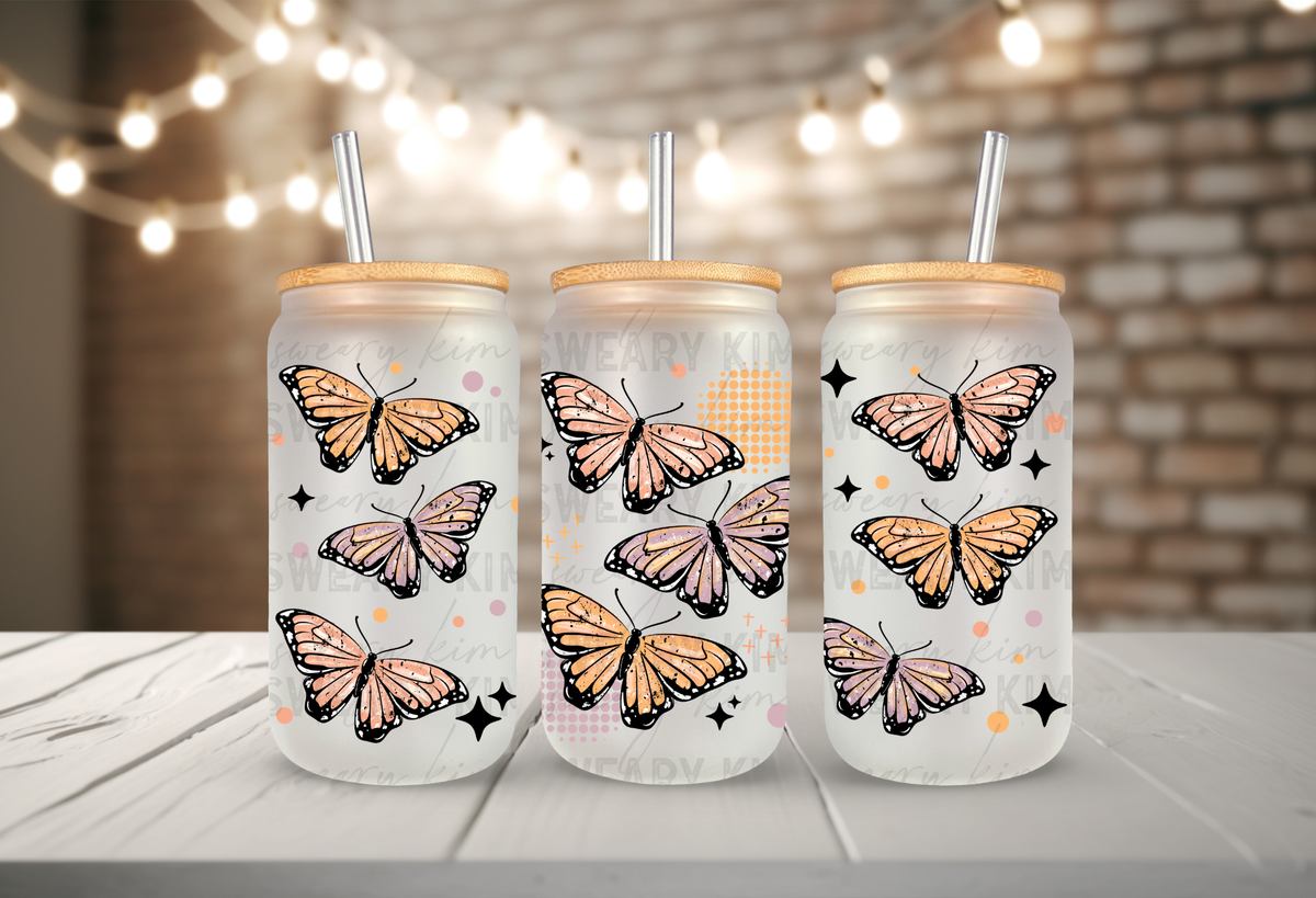 Pastel Butterflies UV Dtf 16oz glass can wrap