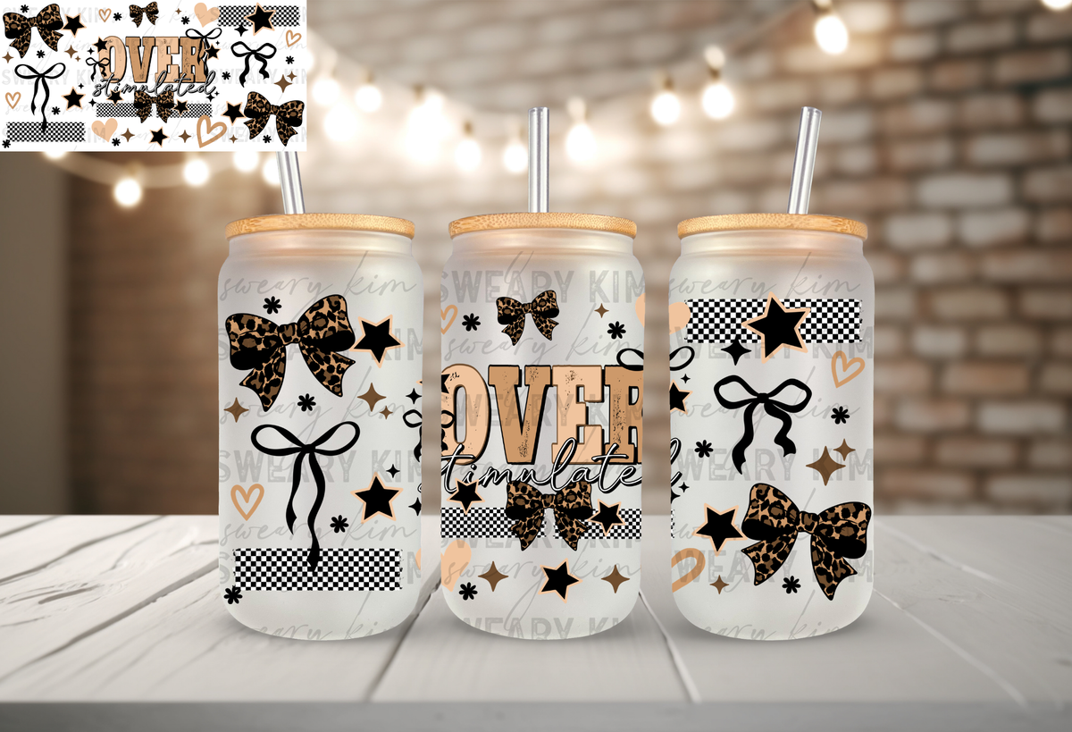 Over Stimulated Leopard Bows UV Dtf 16oz glass can wrap