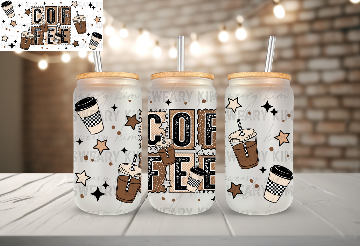Coffee Retro Block Letters UV Dtf 16oz glass can wrap