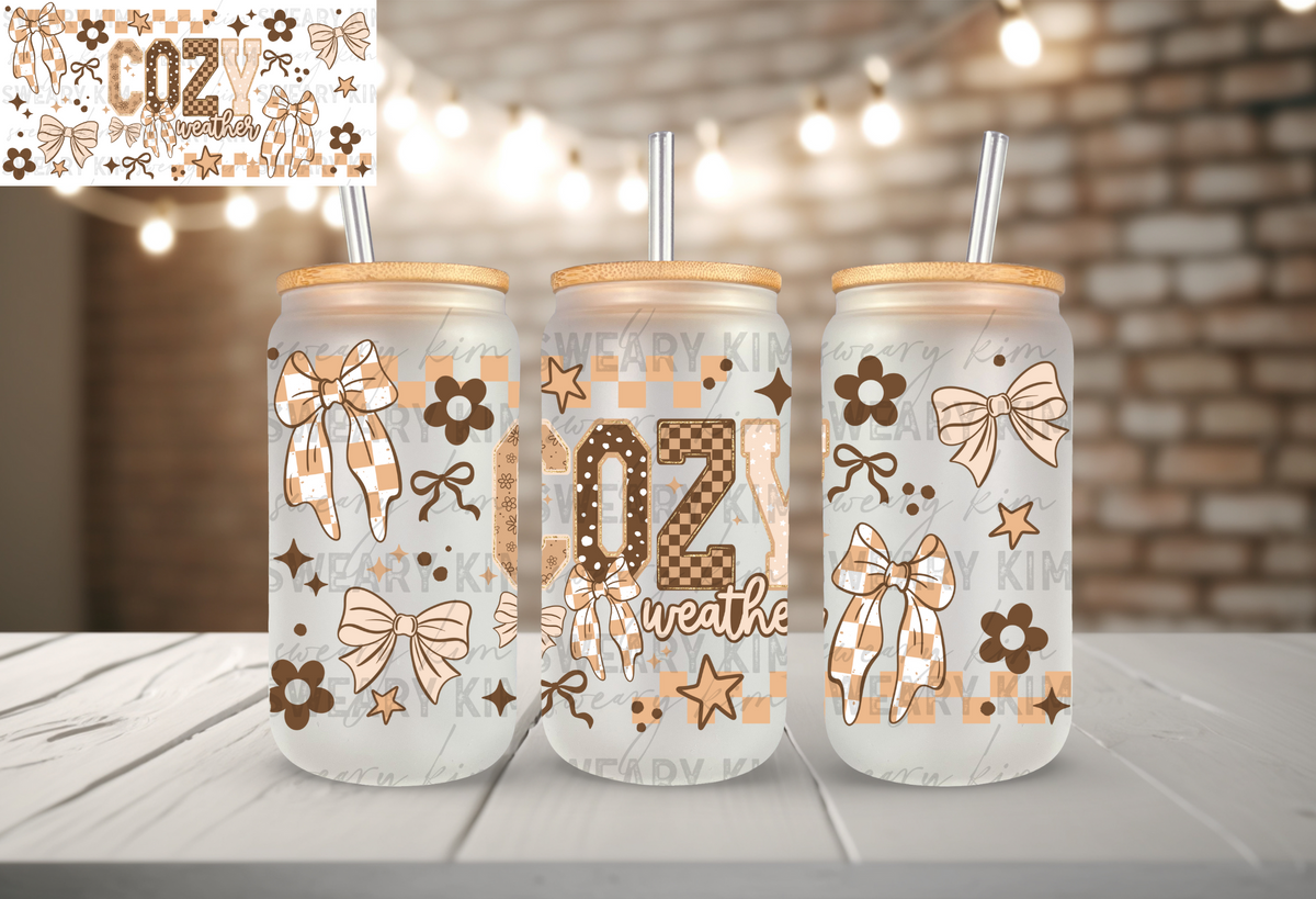 Patterned Cozy Weather UV Dtf 16oz glass can wrap