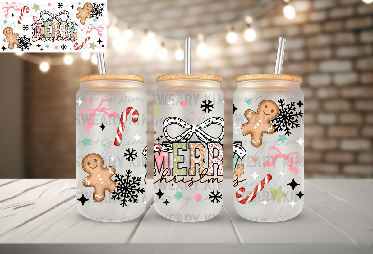 Varsity Patterned Merry Christmas UV Dtf 16oz glass can wrap