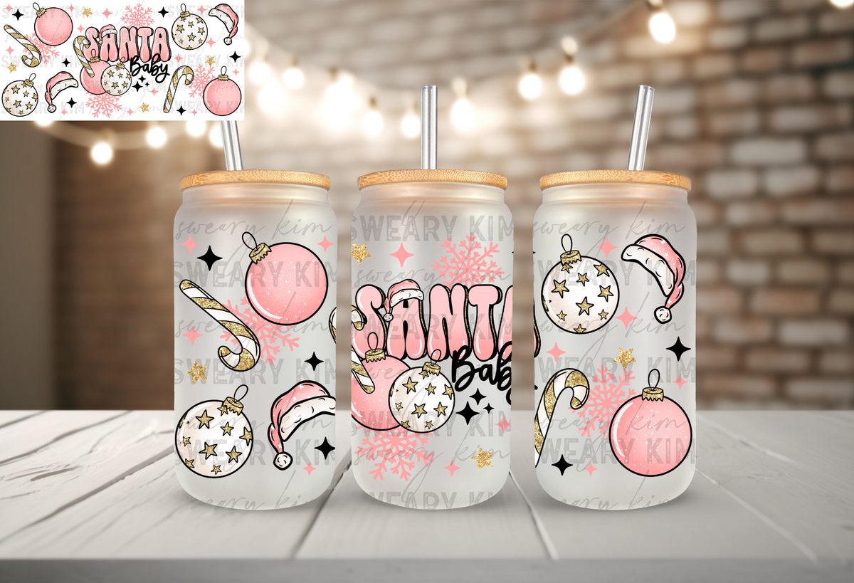 Pink Santa Baby UV Dtf 16oz glass can wrap