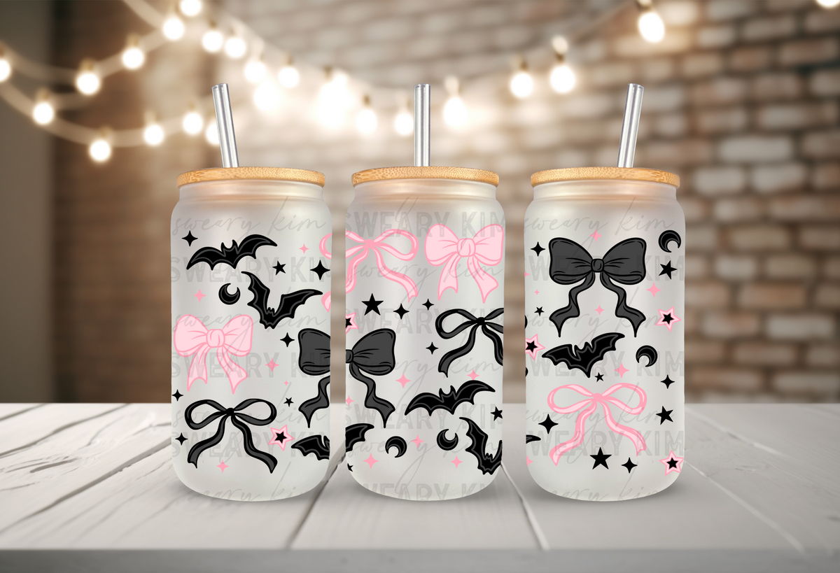 Spooky & Girly Bats & Bows UV Dtf 16oz glass can wrap