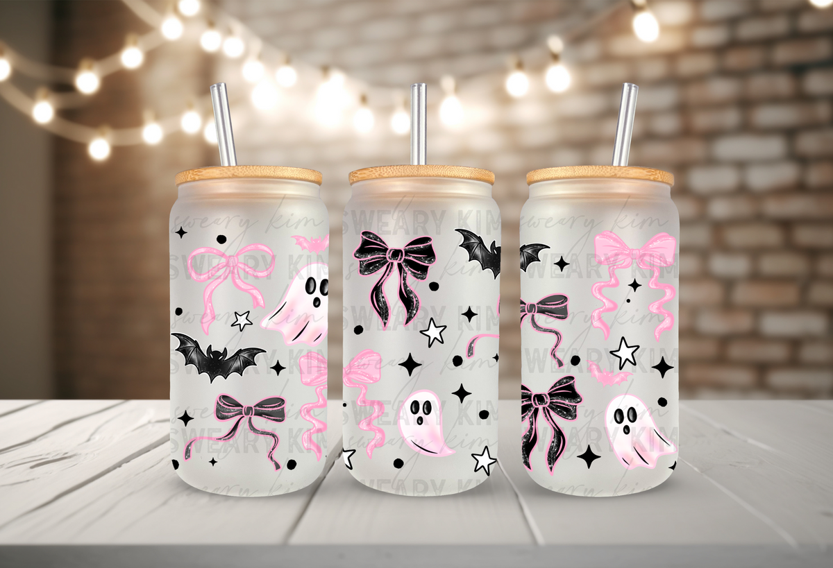 Dainty Black & Pink Ghosts & Bows UV Dtf 16oz glass can wrap