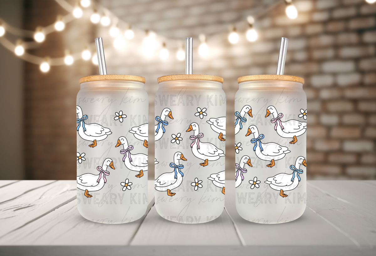 Pink & Blue Bows & Geese UV Dtf 16oz glass can wrap