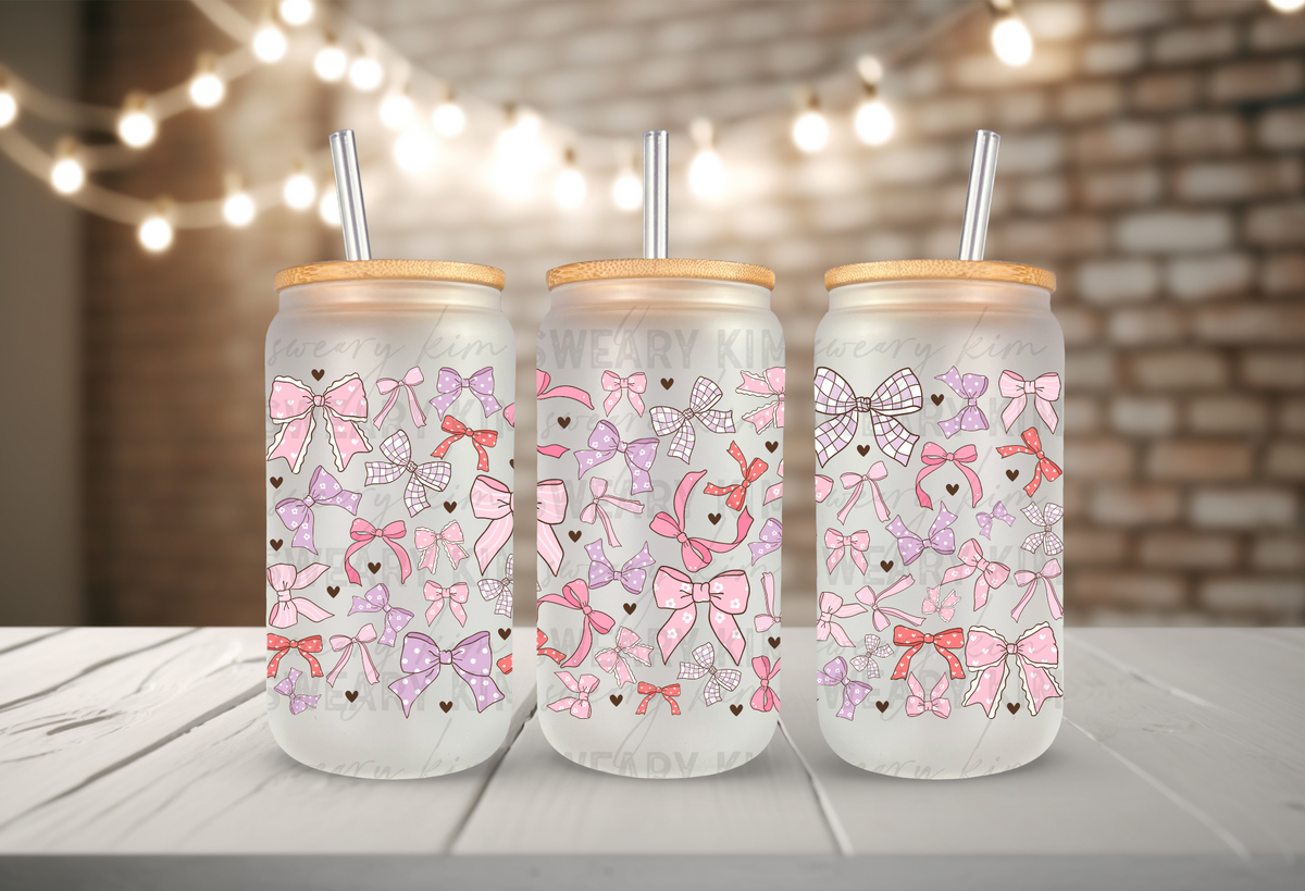 Pink & Purple Patterned Bows UV Dtf 16oz glass can wrap